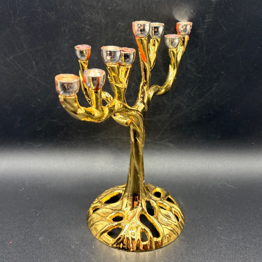 Tree of Life Jerusalem Gold & Silver Tn Metal Candelabra Menorah Candle Holder - Picture 7 of 14